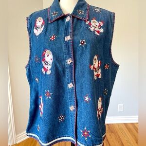 New Direction Women's size 3X vintage applique Patriotic Santa Flag denim vest